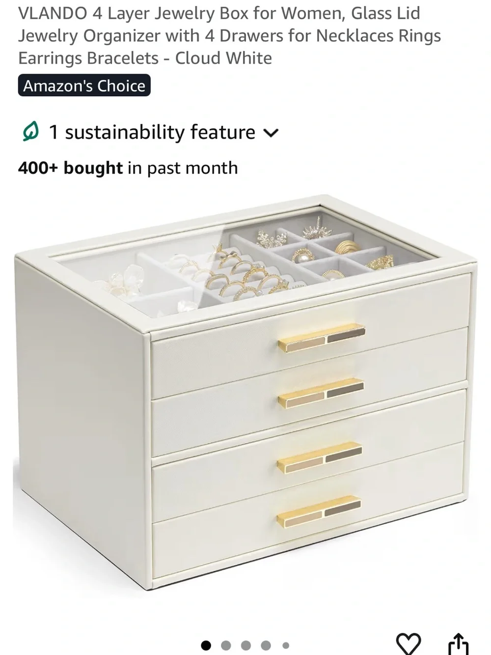 Cloud White 4-Layer Jewelry Box with Glass Lid and Gold Handles